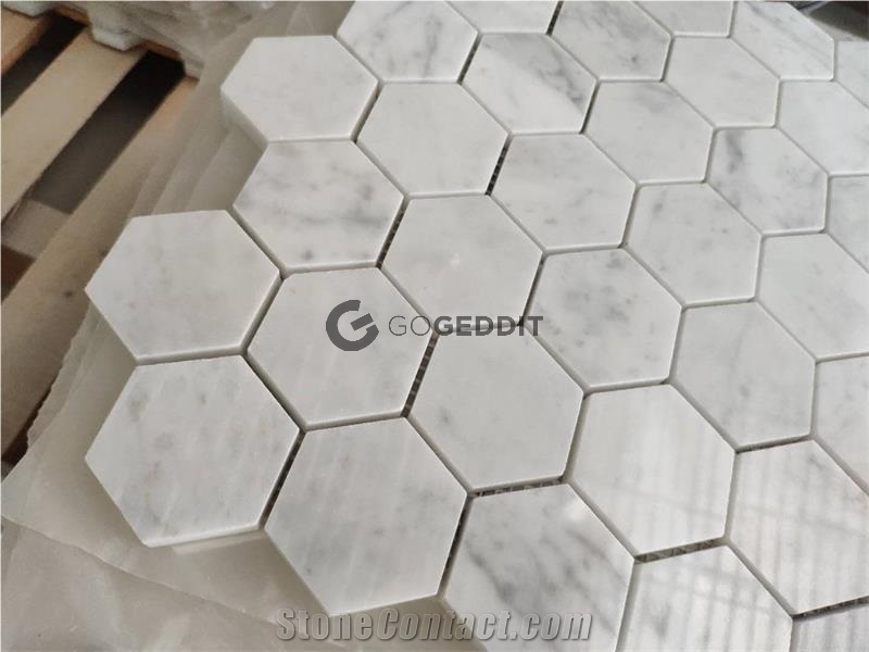 Carrara Bianco Hexagon 5" Polished Marble Mosaic