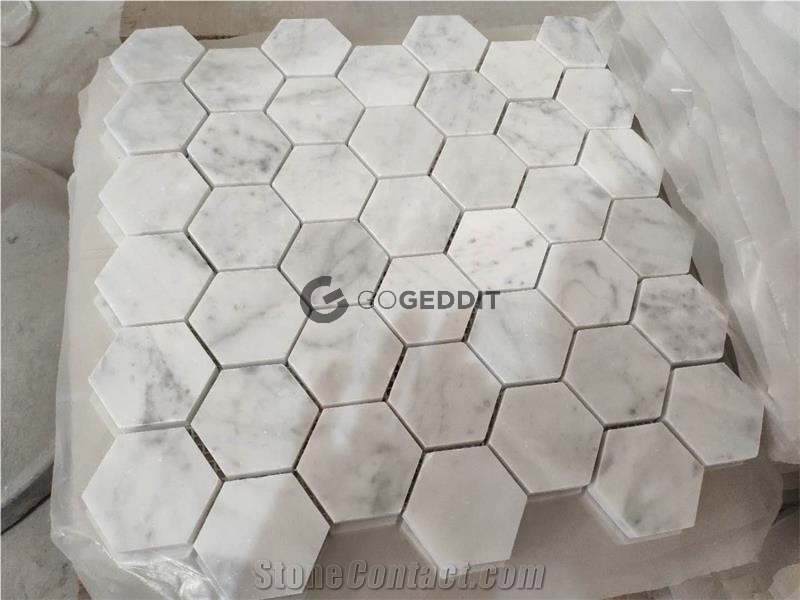 Carrara Bianco Hexagon Polished 1" Marble Mosaic