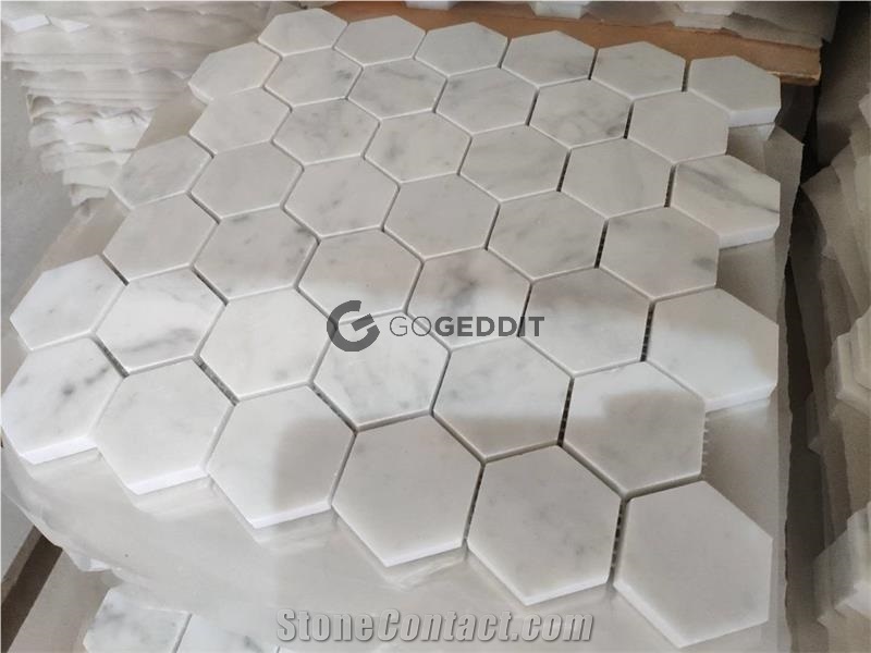 Carrera White Honed 4" Hexagon Marble Mosaic Tile