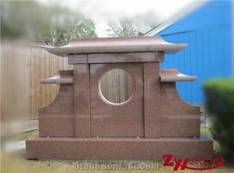 Chinese Style Temple Sunset Red Granite Monument