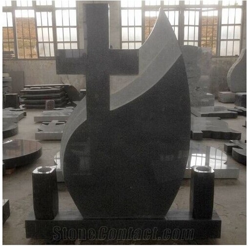 Platinum Black Granite Cross&Rose Gravestone