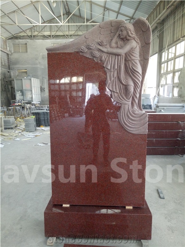Imperial Red Grieving Angel on Rock Headstones