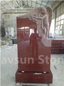 Imperial Red Grieving Angel on Rock Headstones
