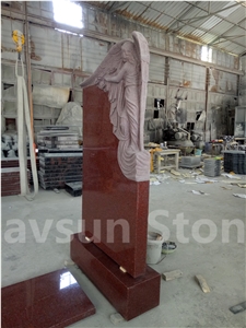 Imperial Red Grieving Angel on Rock Headstones
