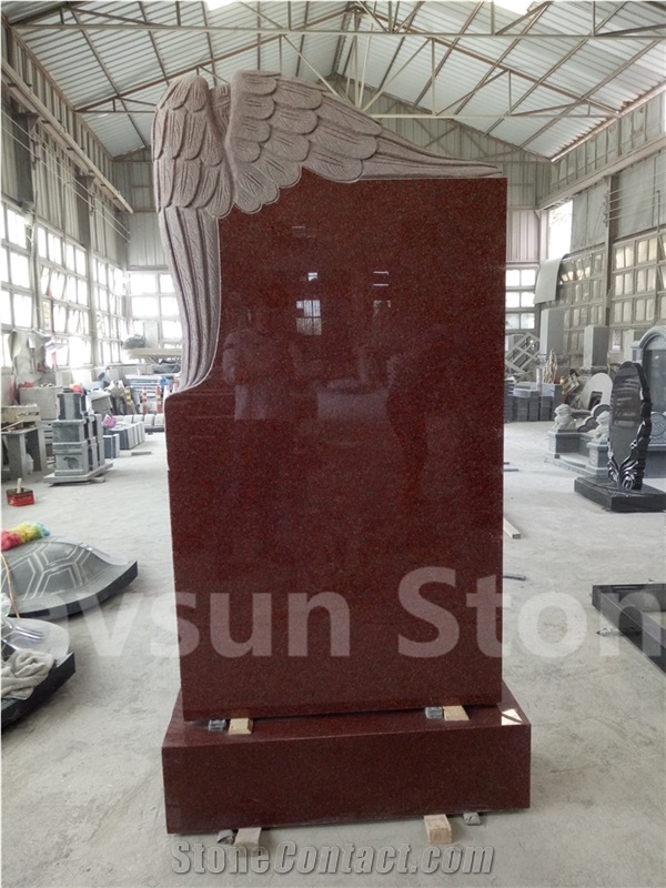 Imperial Red Grieving Angel on Rock Headstones