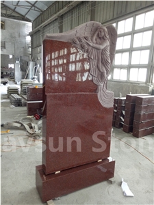 Imperial Red Grieving Angel on Rock Headstones