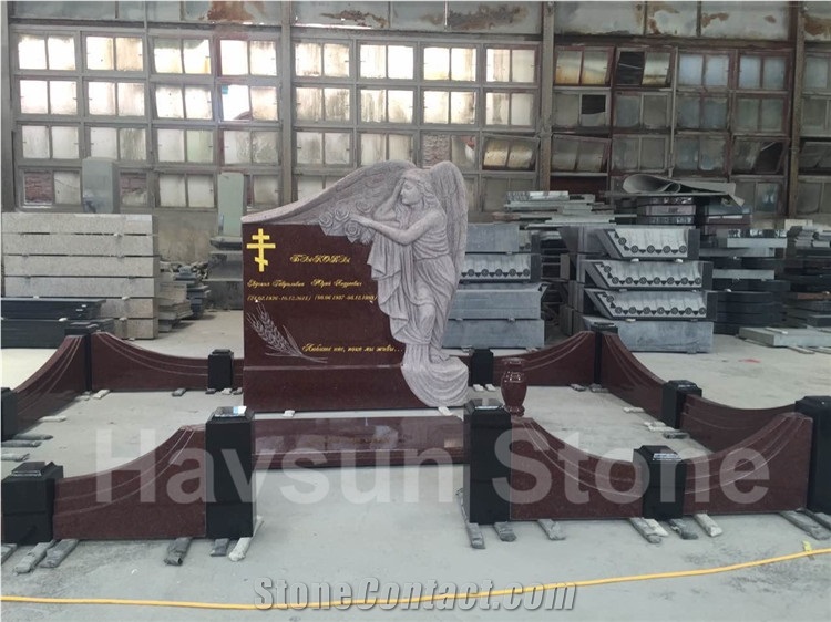 Imperial Red Grieving Angel on Rock Headstones