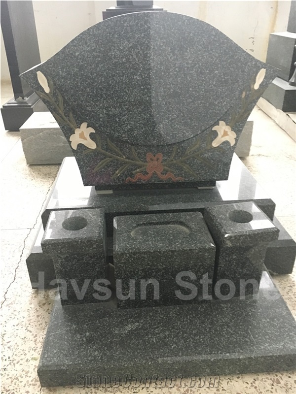 Lily Flower Carving Dark Grey Headstone. Tombstone