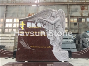 Red Engraved Winged Angel Monument & Tombstone