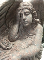 Red Engraved Winged Angel Monument & Tombstone