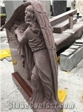 Red Engraved Winged Angel Monument & Tombstone