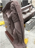 Red Engraved Winged Angel Monument & Tombstone