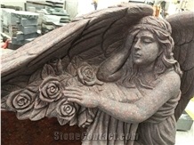 Red Engraved Winged Angel Monument & Tombstone