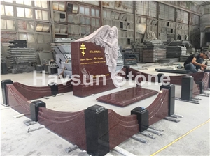 Red Engraved Winged Angel Monument & Tombstone