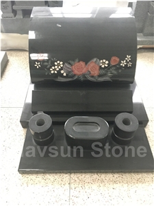 Rose Carving Black Headstone Tombstone Monument