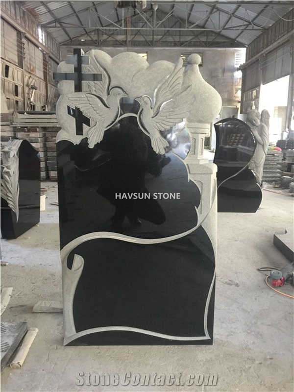 Shanxi Black Granite Dove Cross Castle Tombstone