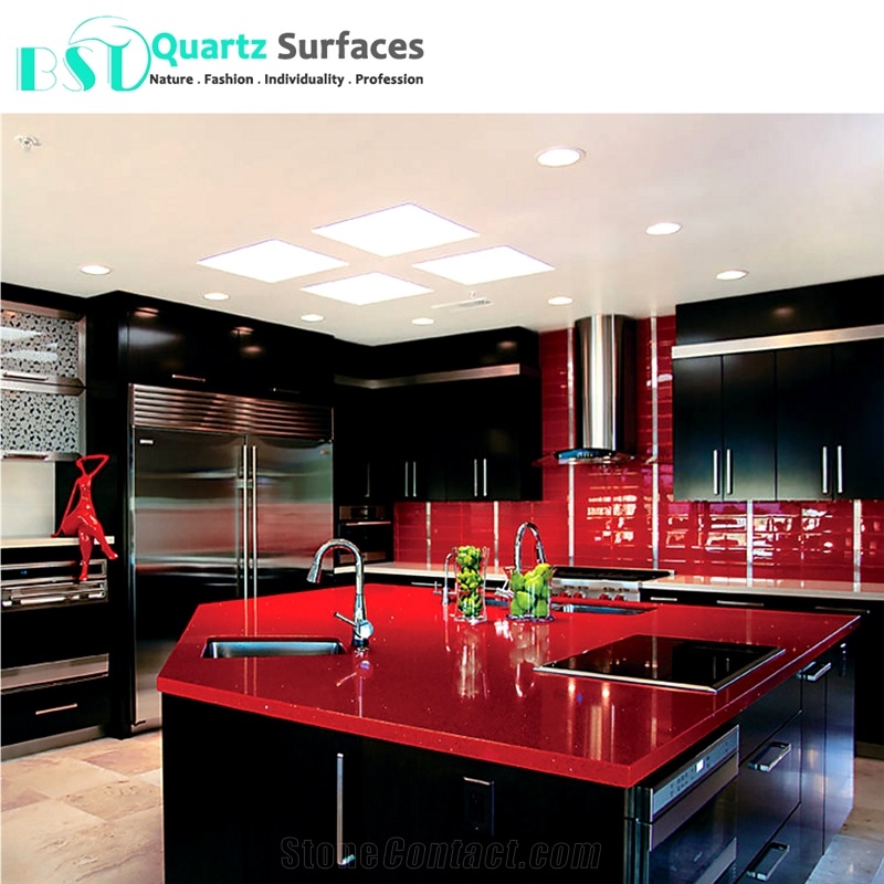 Red Sparkle Quartz Stone Slab for Countertops