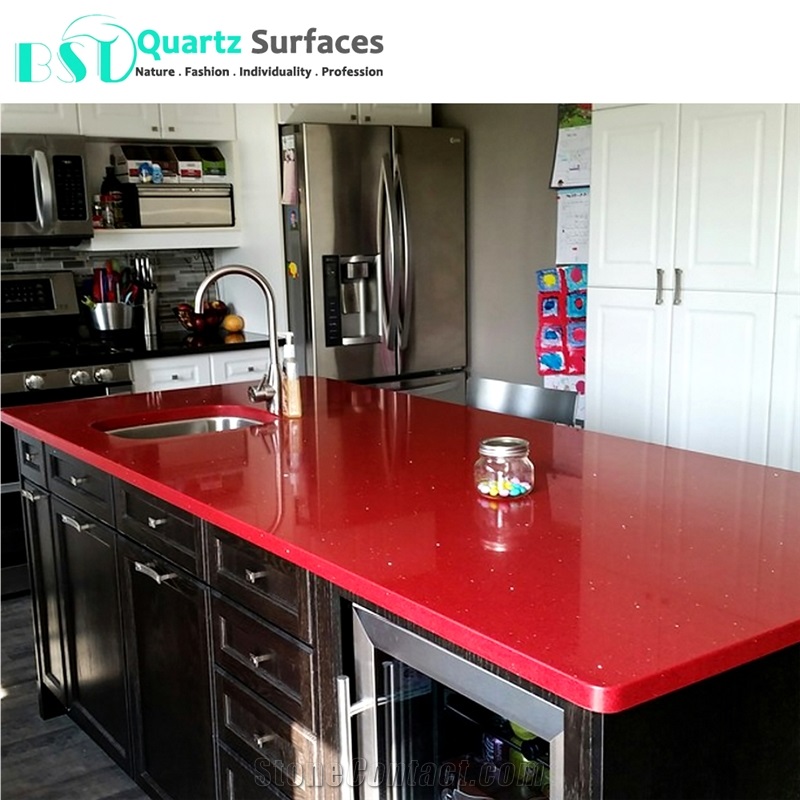 Red Sparkle Quartz Stone Slab for Countertops