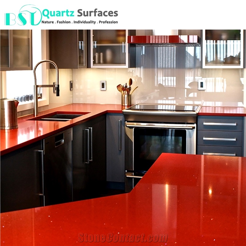 Red Sparkle Quartz Stone Slab for Countertops