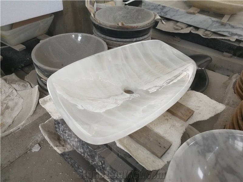 White Onyx Stone Wash Basin Design for Bathroom