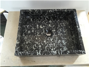 China Black Fossil Flower Sink, Black Marble Basin