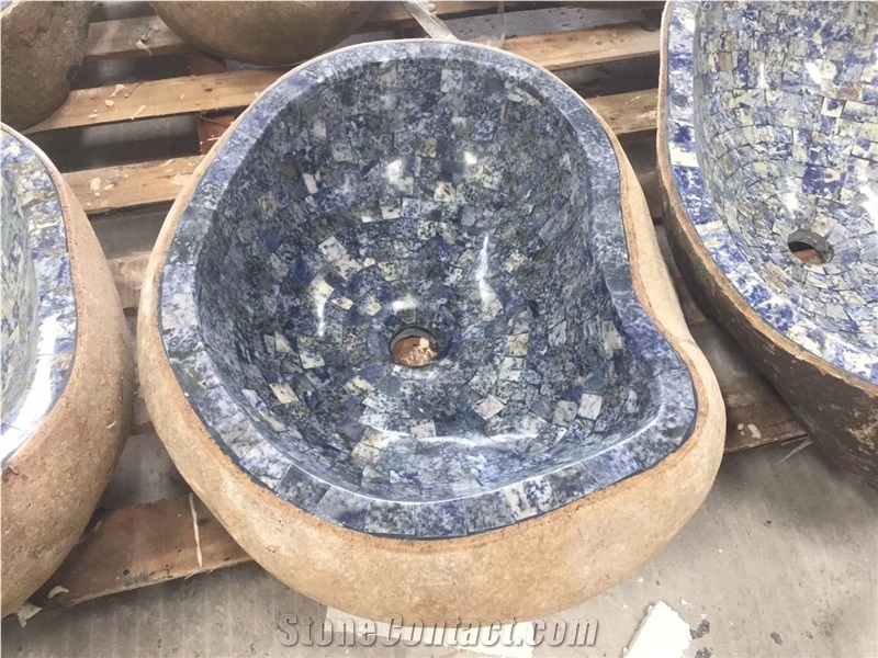 Fantasy Blue Marble Mosaic Sink River Stone Basin
