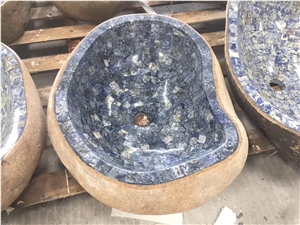 Fantasy Blue Marble Mosaic Sink River Stone Basin