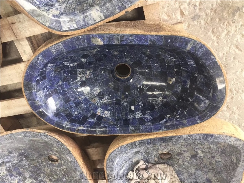 Fantasy Blue Marble Mosaic Sink River Stone Basin