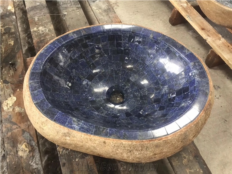 Fantasy Blue Marble Mosaic Sink River Stone Basin