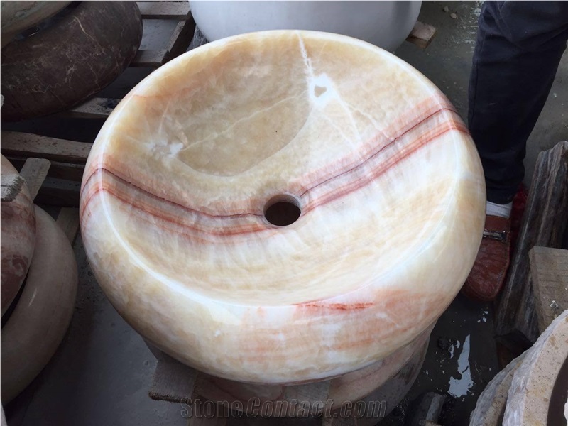 Pink Onyx Round Sinks,Nature Stone Bathroom Basins
