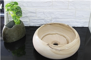 Yellow Sandstone Bath Round Wash Basin Vessel Sink