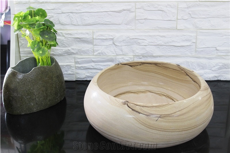 Yellow Sandstone Bath Round Wash Basin Vessel Sink