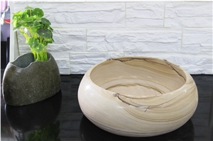 Yellow Sandstone Bath Round Wash Basin Vessel Sink