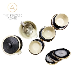 Polished Black Agate Coaster with Gold Edge
