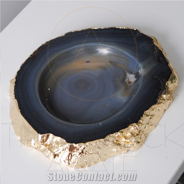 Polished Semiprecious,Agate Ashtray with Gold Edge