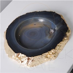 Polished Semiprecious,Agate Ashtray with Gold Edge