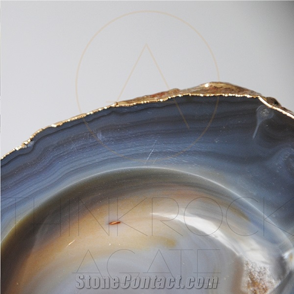 Polished Semiprecious,Agate Ashtray with Gold Edge