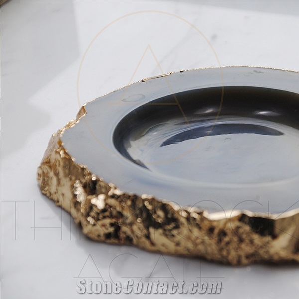 Polished Semiprecious,Agate Ashtray with Gold Edge