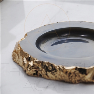 Polished Semiprecious,Agate Ashtray with Gold Edge
