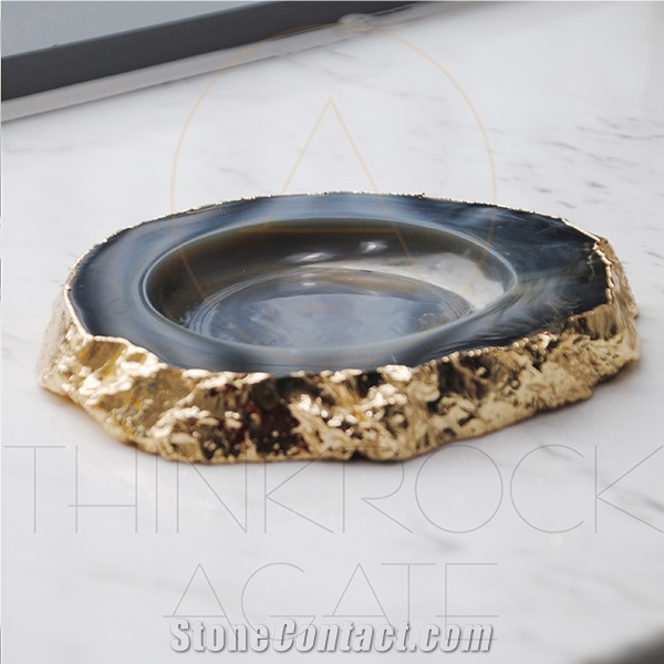 Polished Semiprecious,Agate Ashtray with Gold Edge