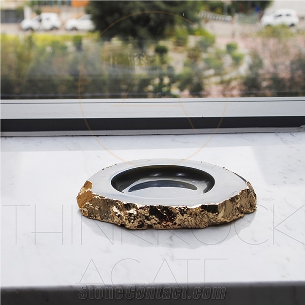 Polished Semiprecious,Agate Ashtray with Gold Edge