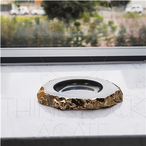 Polished Semiprecious,Agate Ashtray with Gold Edge