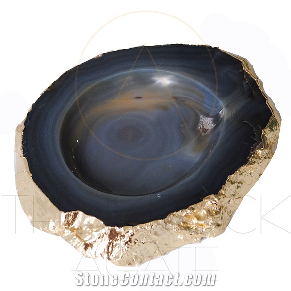Polished Semiprecious,Agate Ashtray with Gold Edge