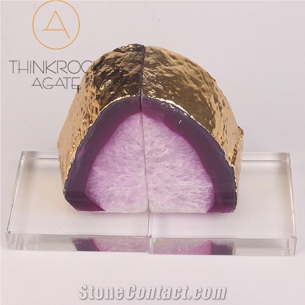 Semiprecious Bookend, Pink Agate Geode Bookends