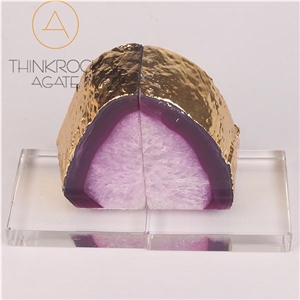Semiprecious Bookend, Pink Agate Geode Bookends