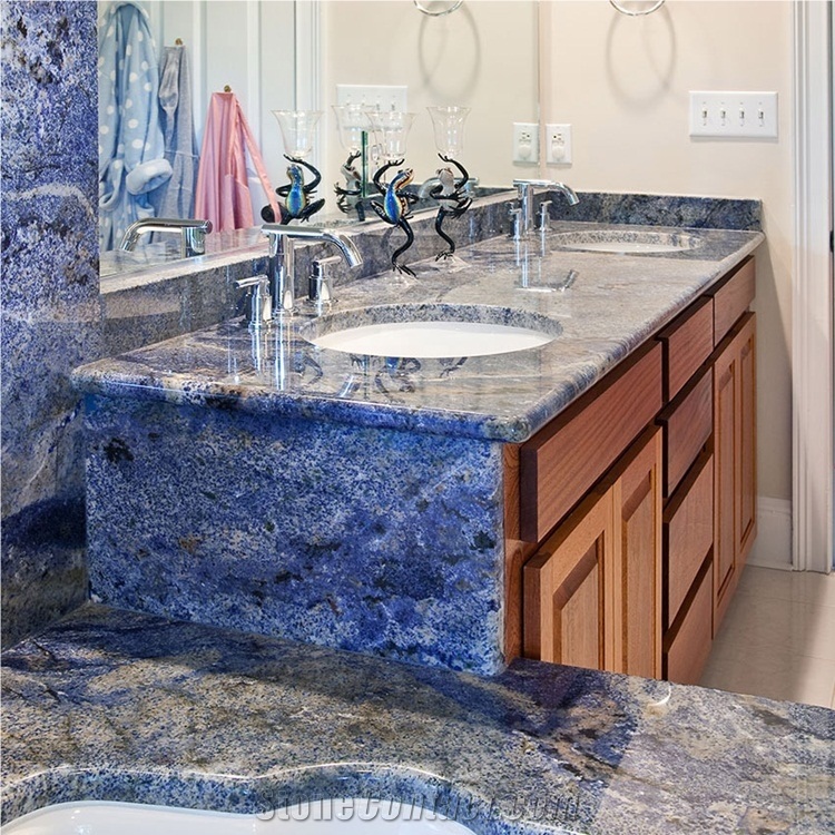 Custom Azul Bahia Blue Granite Bathroom Countertop