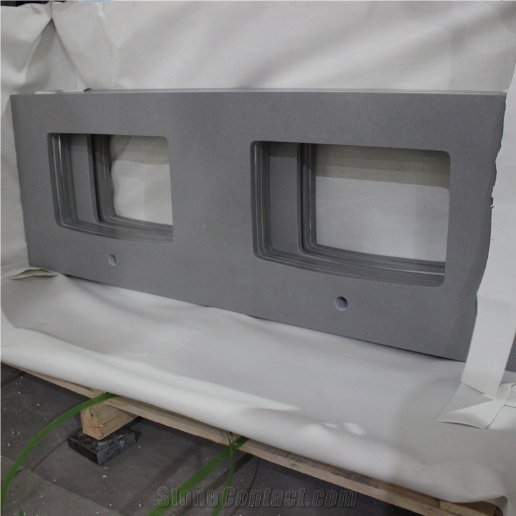 Pure Grey Quartz Double Sinks Bath Tops