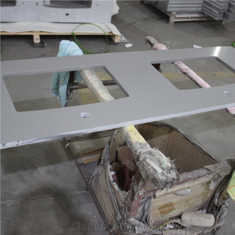 Pure Grey Quartz Double Sinks Bath Tops