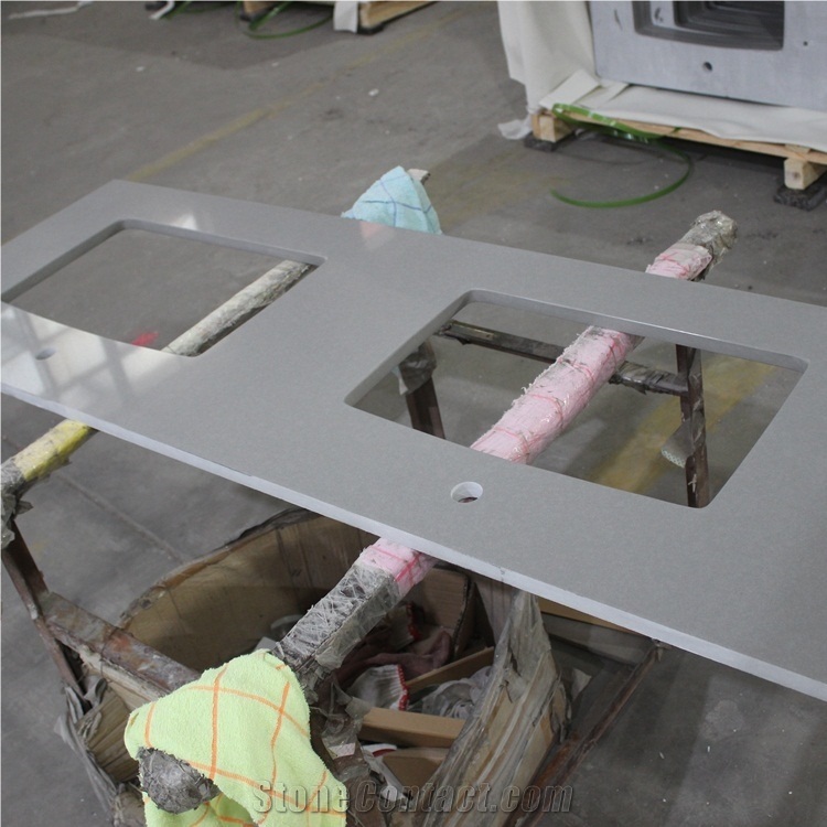Pure Grey Quartz Double Sinks Bath Tops