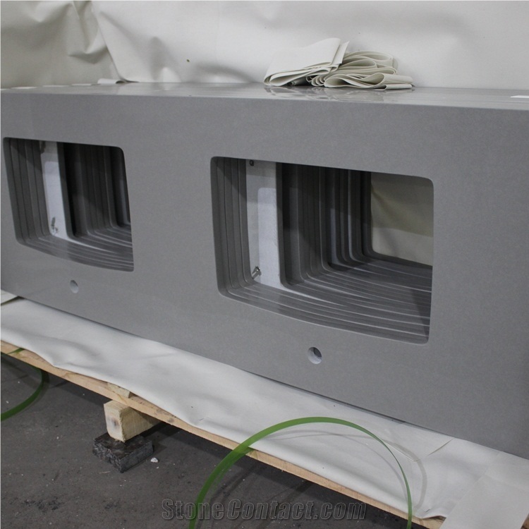 Pure Grey Quartz Double Sinks Bath Tops